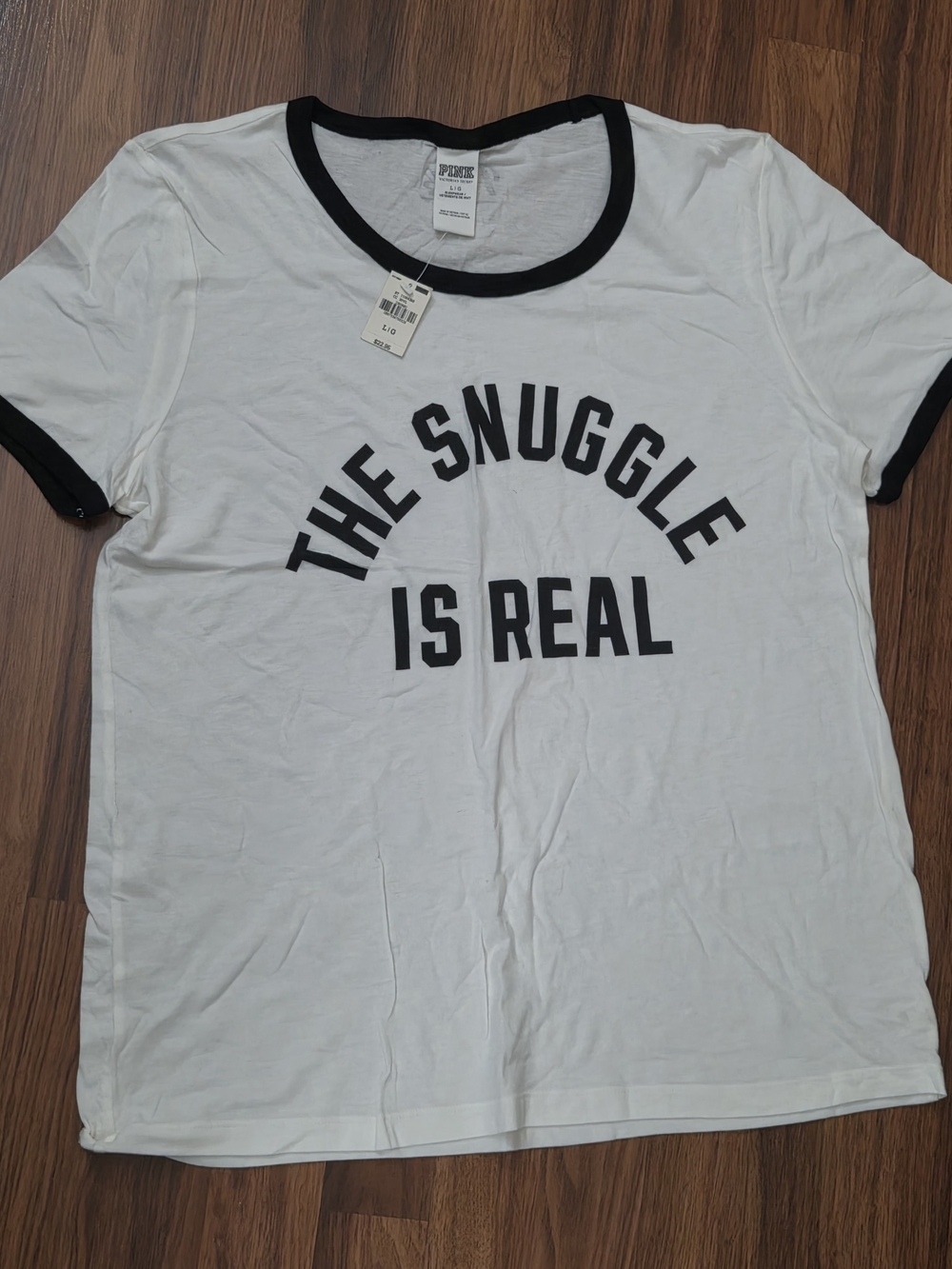 PINK Victoria's Secret White Tee with Black Ringer Trim - 'The Snuggle Is Real'